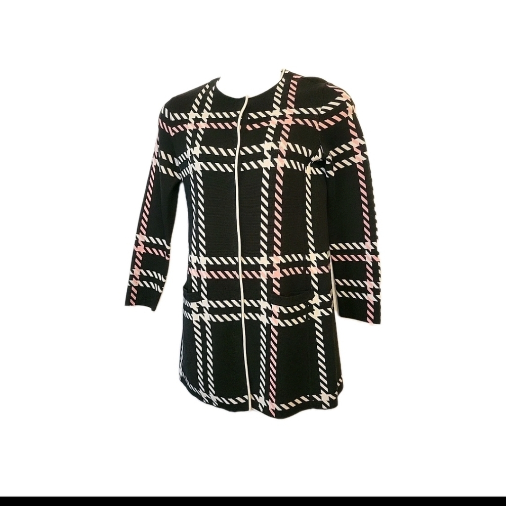 Talbots Black Plaid Knit Coatigan with White and Pink Trim Small S